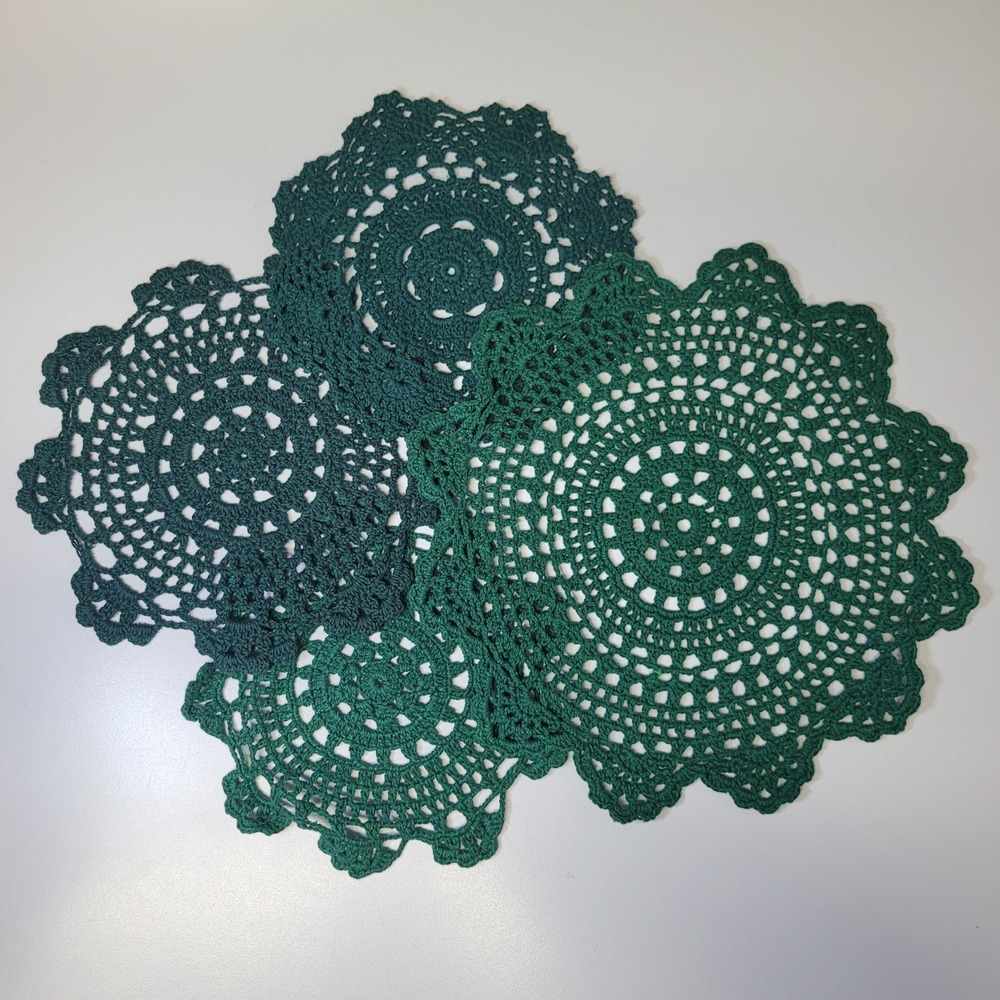 Vintage Handmade Green Crochet Doily Set 4 Piece Forest Green Table Decor